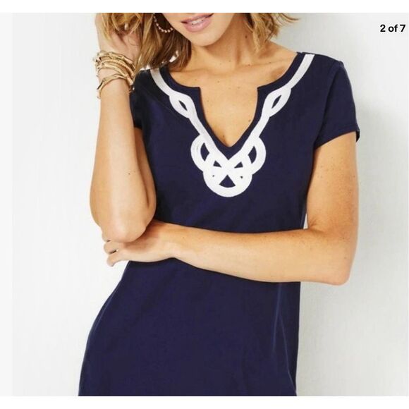 Lilly Pulitzer 100% Pima cotton Brewster Dress True Navy White Rope V Neck Sz L - Picture 2 of 9